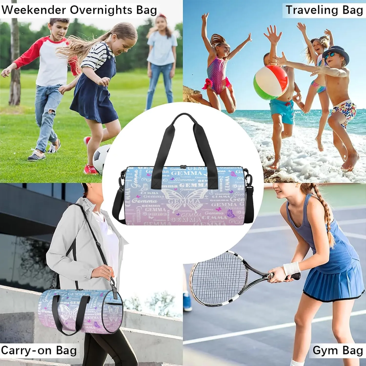 Custom Sport Duffel Bag with Name Butterfly Round Travel Overnight Bag for Women Men Waterproof Dance Ballet Bag Lightweight 17.6in, Sky Blue Pink
