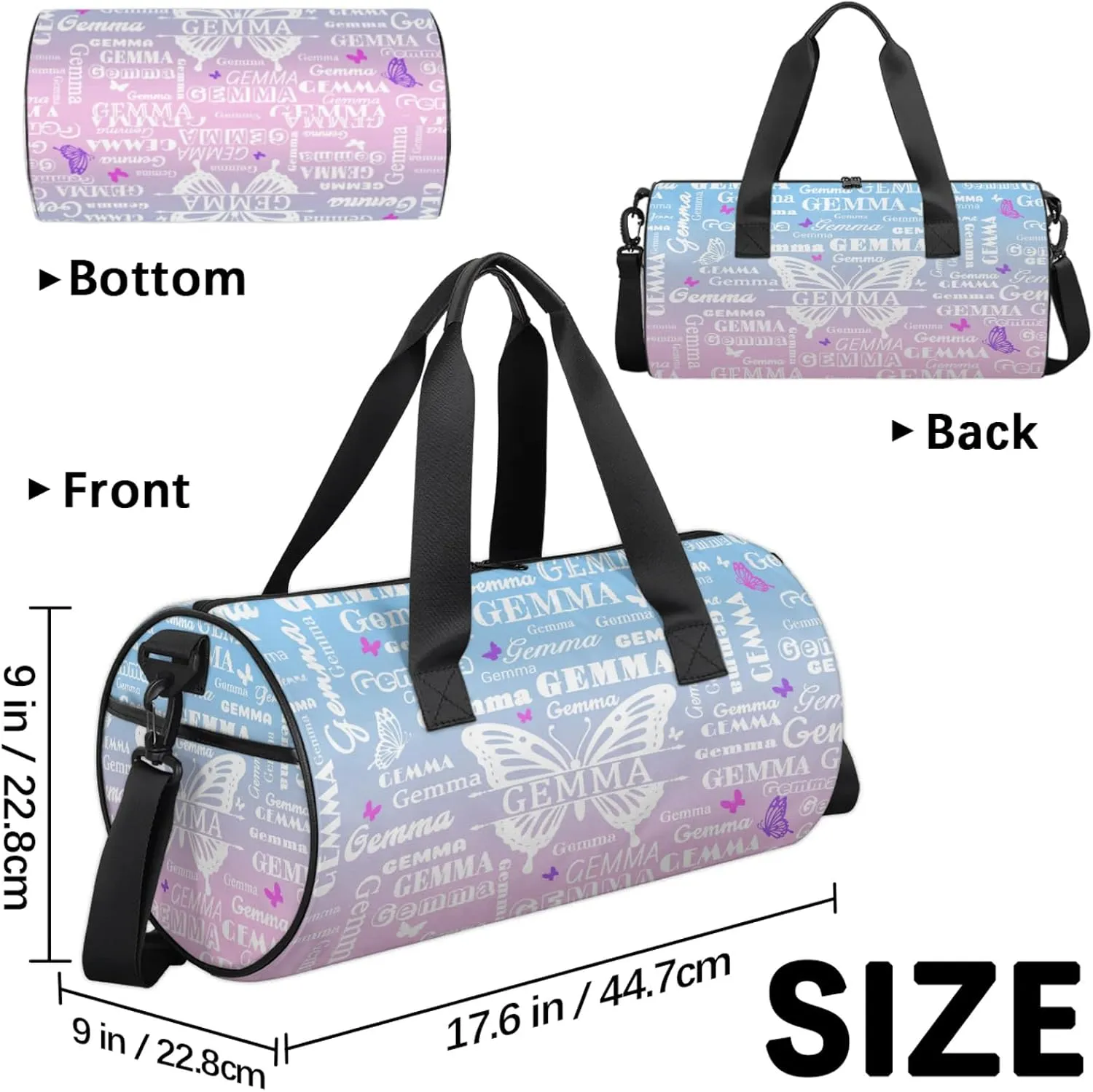 Custom Sport Duffel Bag with Name Butterfly Round Travel Overnight Bag for Women Men Waterproof Dance Ballet Bag Lightweight 17.6in, Sky Blue Pink