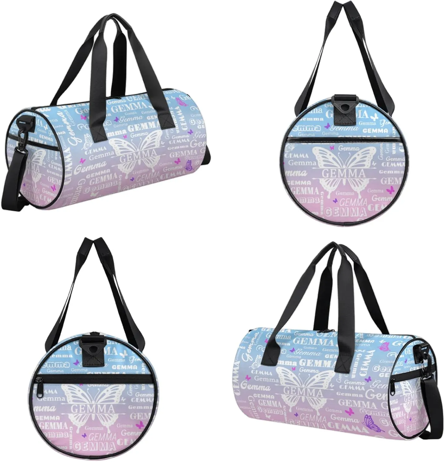 Custom Sport Duffel Bag with Name Butterfly Round Travel Overnight Bag for Women Men Waterproof Dance Ballet Bag Lightweight 17.6in, Sky Blue Pink