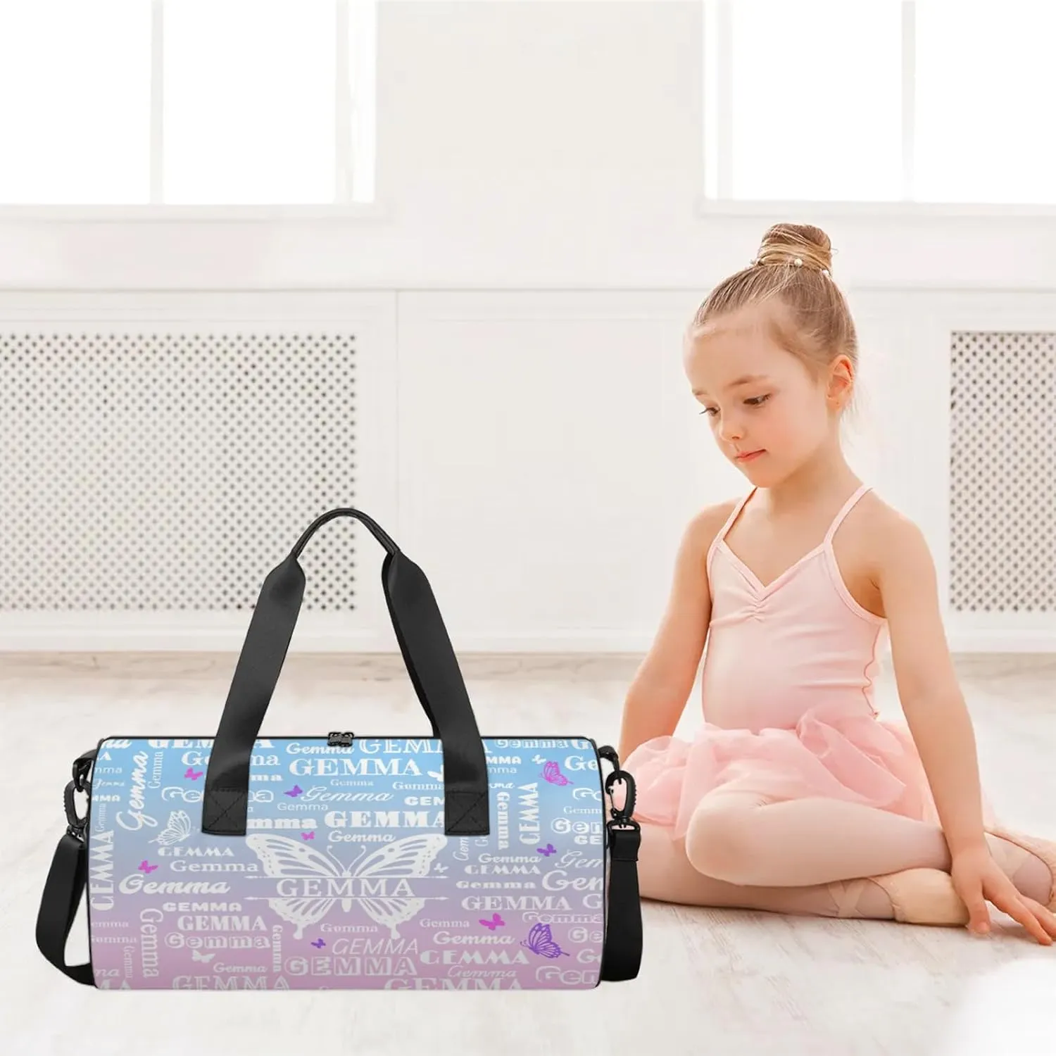 Custom Sport Duffel Bag with Name Butterfly Round Travel Overnight Bag for Women Men Waterproof Dance Ballet Bag Lightweight 17.6in, Sky Blue Pink