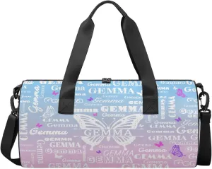 Custom Sport Duffel Bag with Name Butterfly Round Travel Overnight Bag for Women Men Waterproof Dance Ballet Bag Lightweight 17.6in, Sky Blue Pink