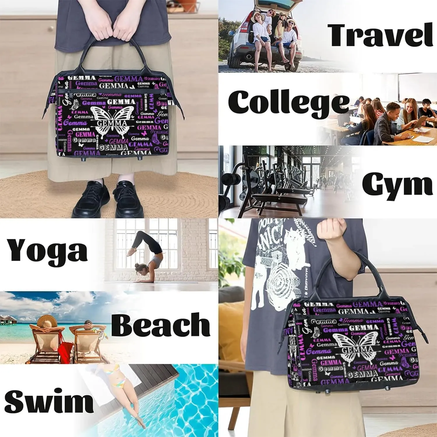 Custom Sport Duffel Bag with Name Butterfly Travel Overnight Bag for Women Men Waterproof Dance Ballet Bag Lightweight 15.2in, Black