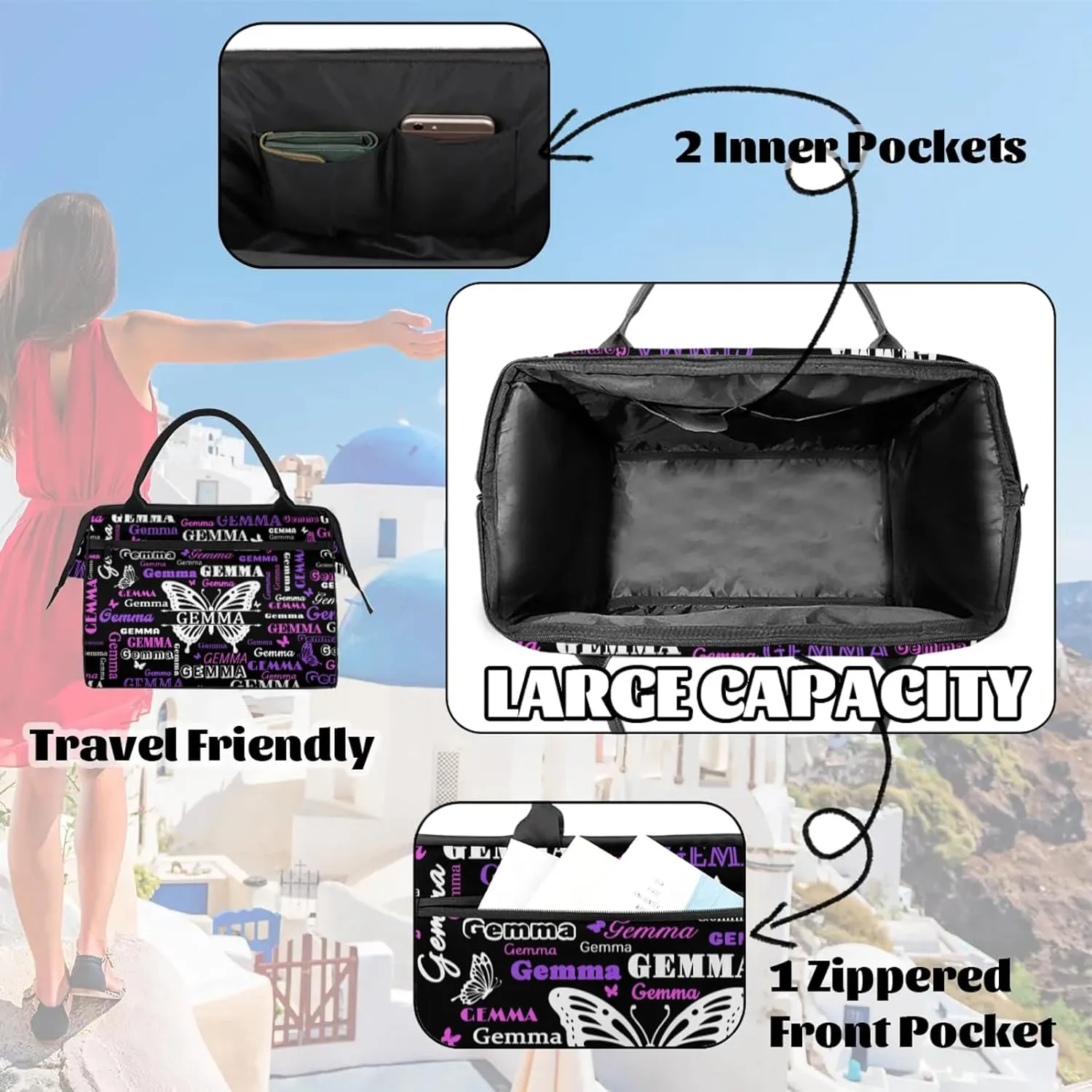 Custom Sport Duffel Bag with Name Butterfly Travel Overnight Bag for Women Men Waterproof Dance Ballet Bag Lightweight 15.2in, Black