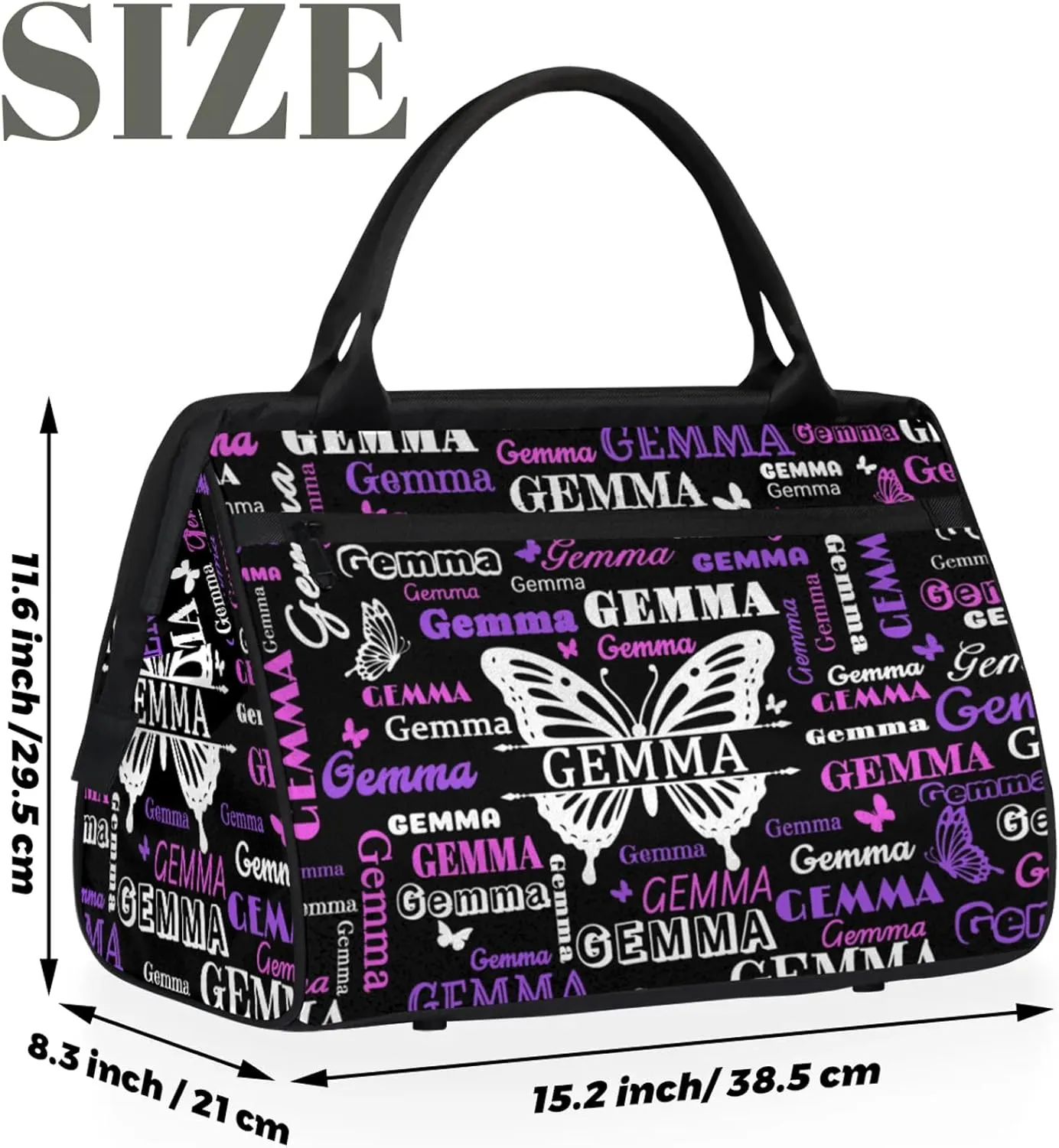 Custom Sport Duffel Bag with Name Butterfly Travel Overnight Bag for Women Men Waterproof Dance Ballet Bag Lightweight 15.2in, Black