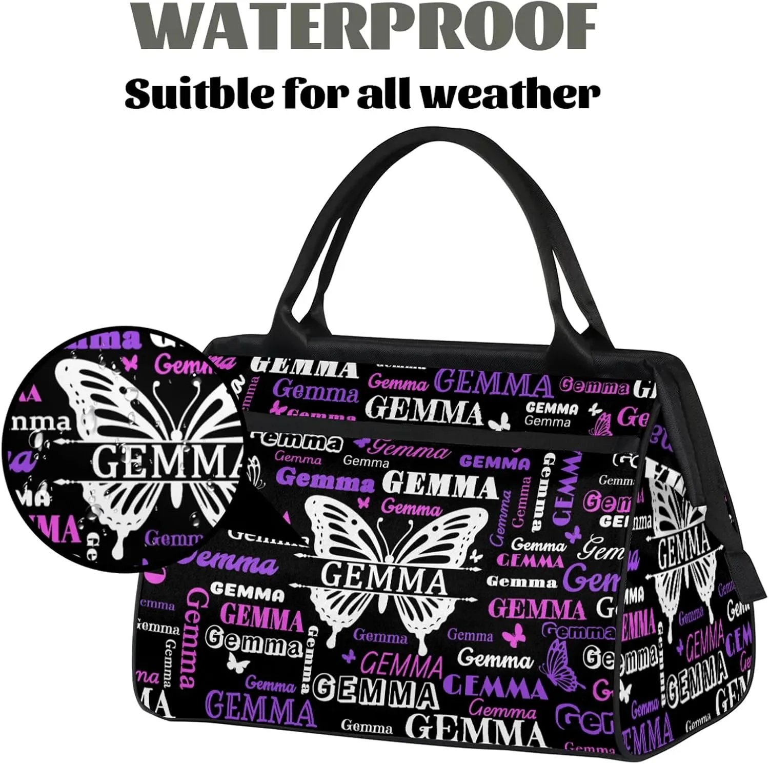 Custom Sport Duffel Bag with Name Butterfly Travel Overnight Bag for Women Men Waterproof Dance Ballet Bag Lightweight 15.2in, Black