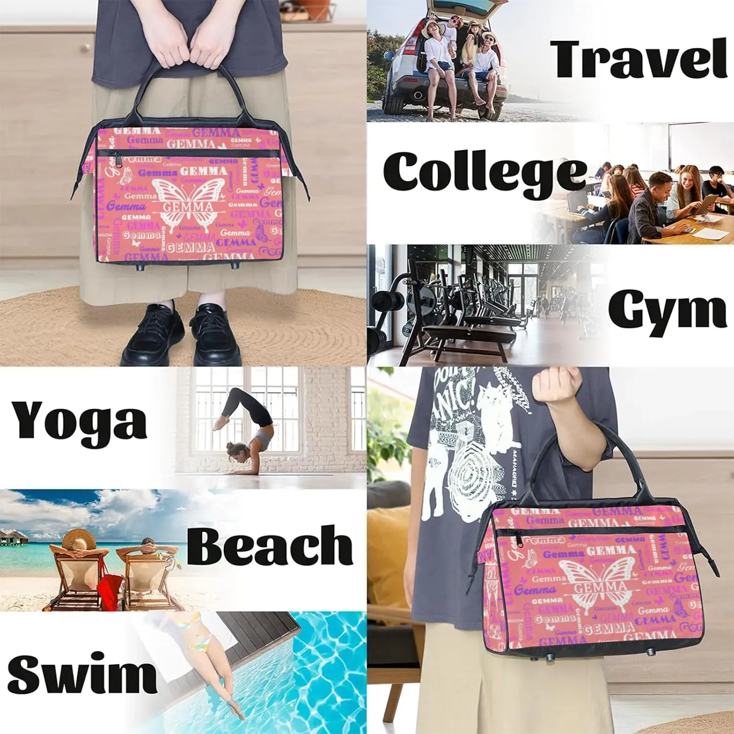Custom Sport Duffel Bag with Name Butterfly Travel Overnight Bag for Women Men Waterproof Dance Ballet Bag Lightweight 15.2in, Jujube Red