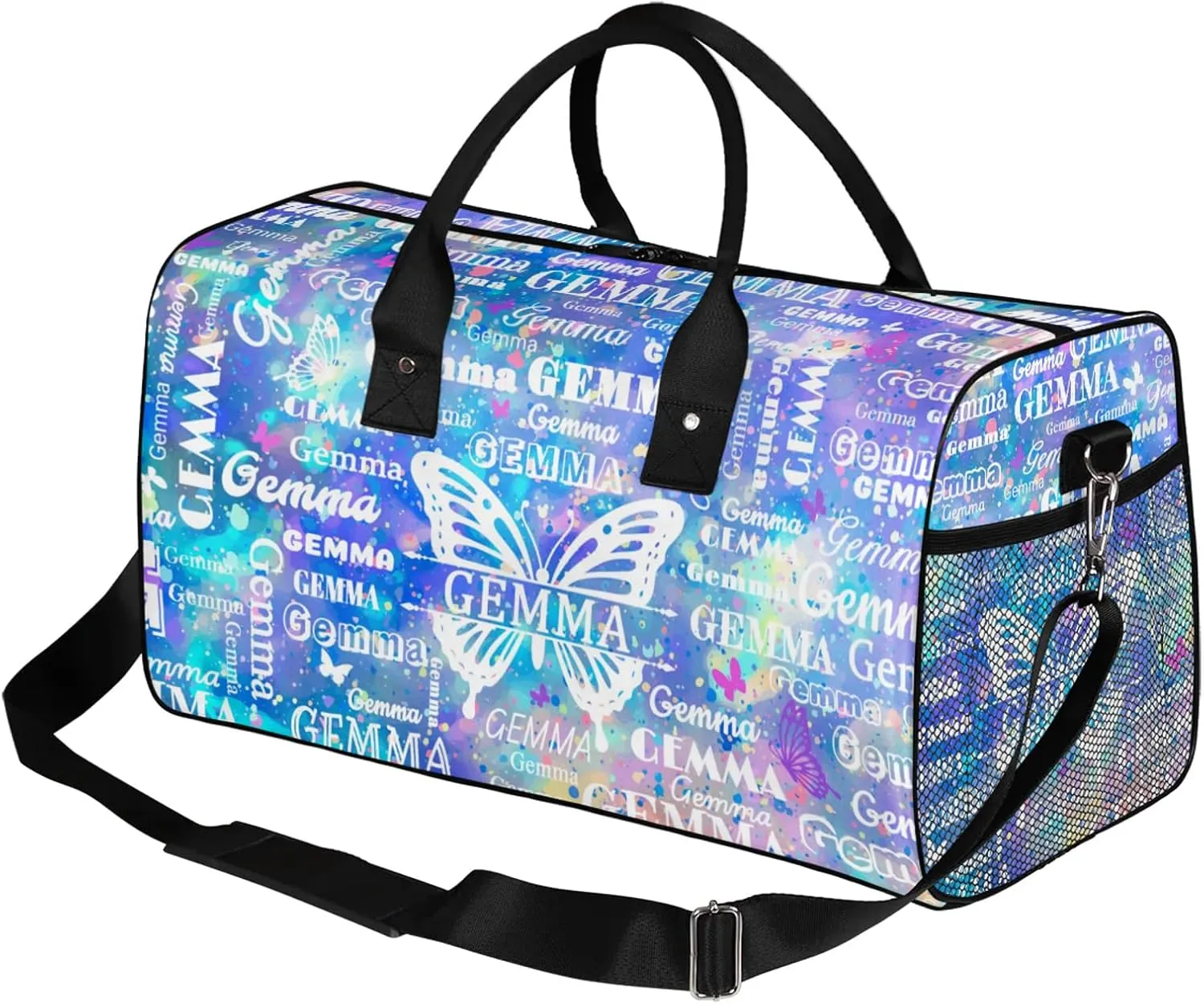 Custom Sport Duffel Bag with Name Butterfly Travel Overnight Bag for Women Men Waterproof Dance Ballet Bag Lightweight 17.4in, Blue