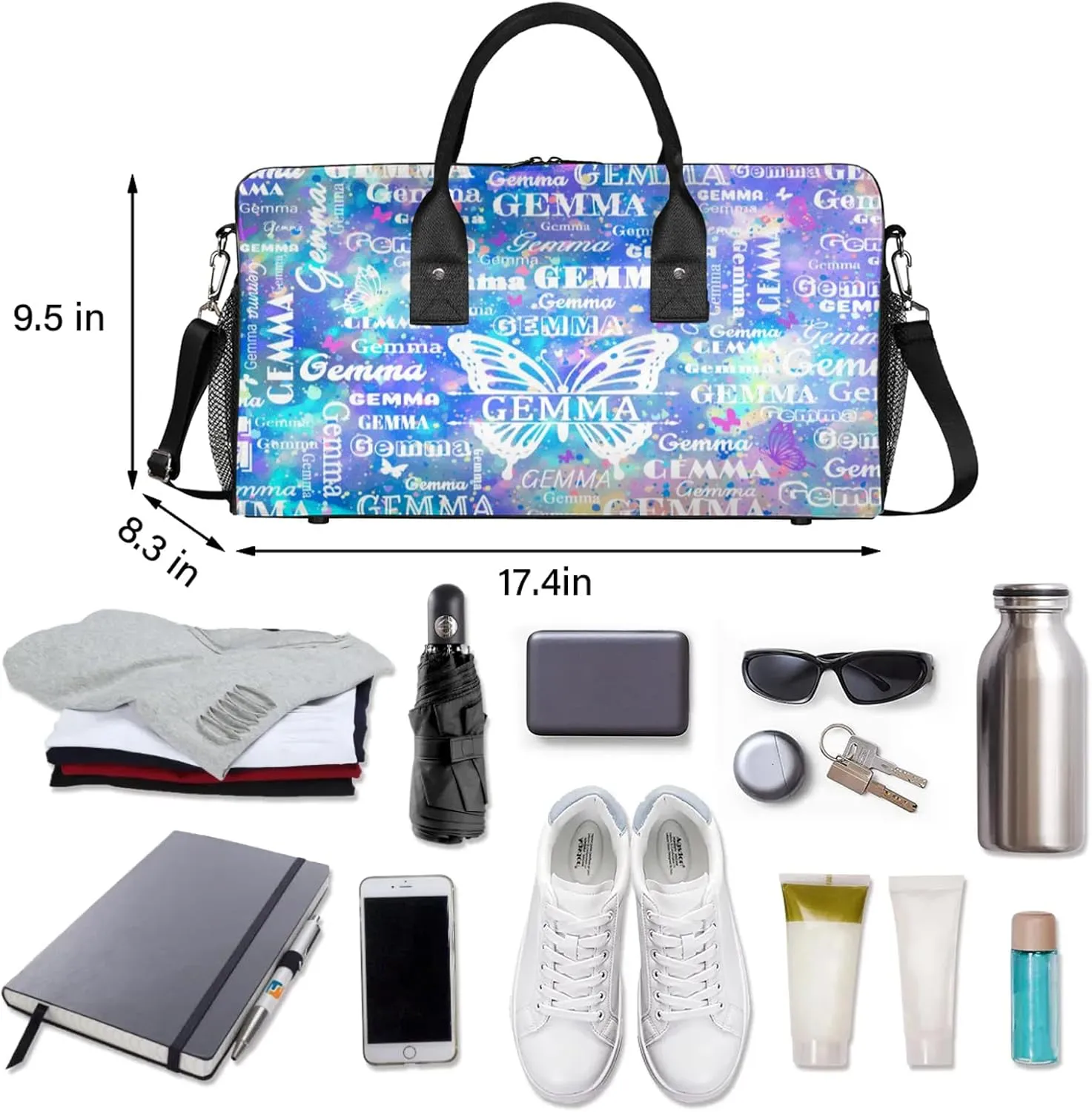 Custom Sport Duffel Bag with Name Butterfly Travel Overnight Bag for Women Men Waterproof Dance Ballet Bag Lightweight 17.4in, Blue