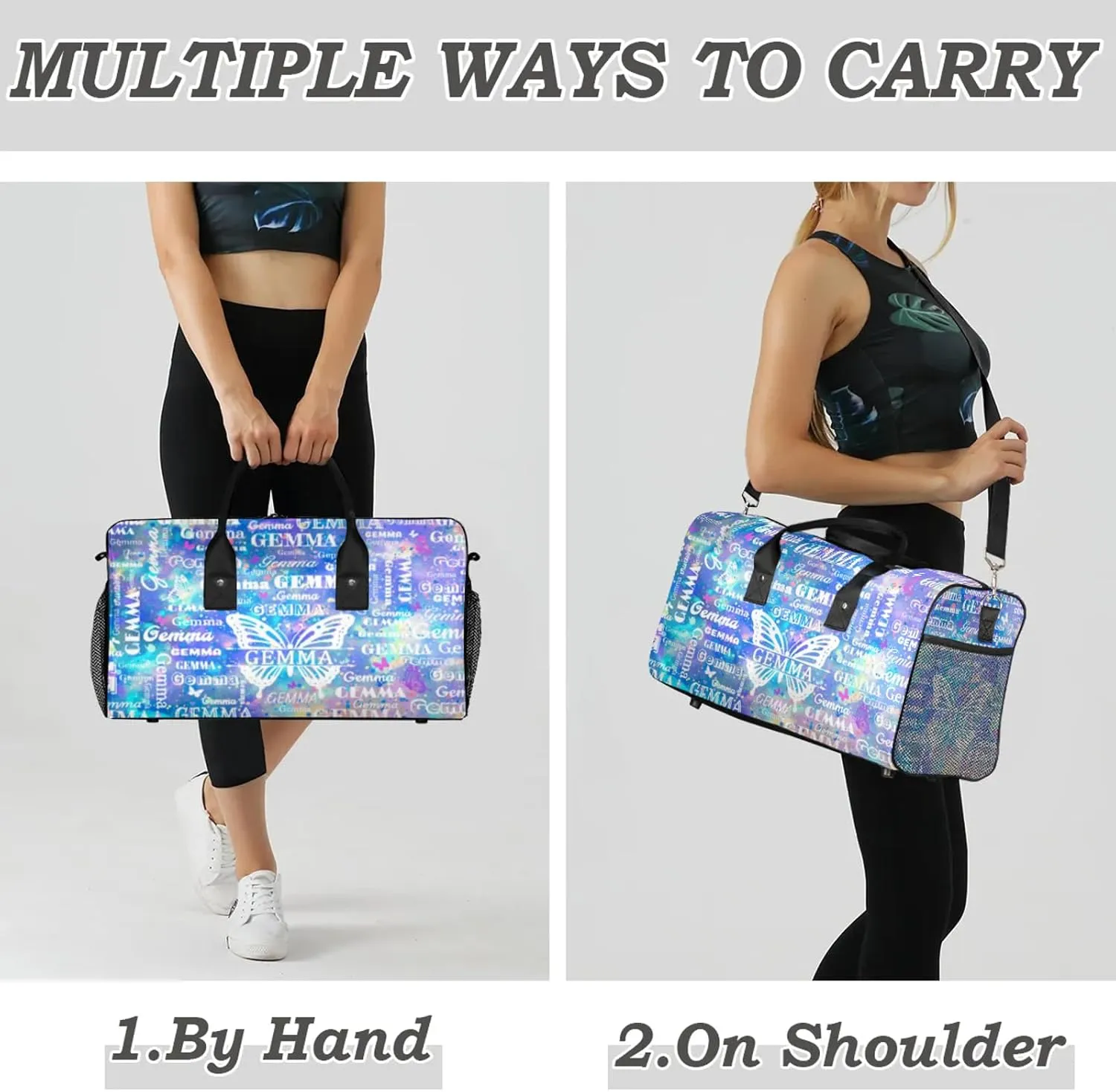 Custom Sport Duffel Bag with Name Butterfly Travel Overnight Bag for Women Men Waterproof Dance Ballet Bag Lightweight 17.4in, Blue
