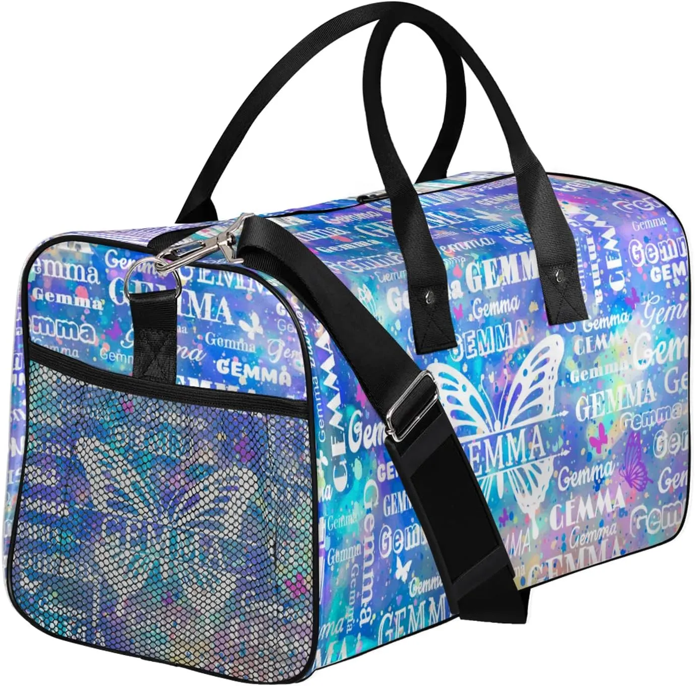 Custom Sport Duffel Bag with Name Butterfly Travel Overnight Bag for Women Men Waterproof Dance Ballet Bag Lightweight 17.4in, Blue