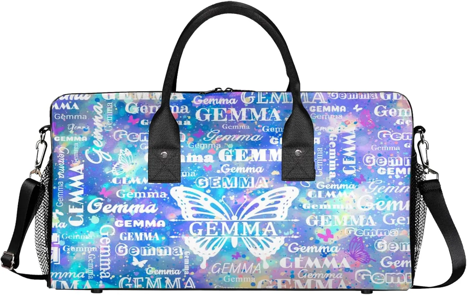 Custom Sport Duffel Bag with Name Butterfly Travel Overnight Bag for Women Men Waterproof Dance Ballet Bag Lightweight 17.4in, Blue