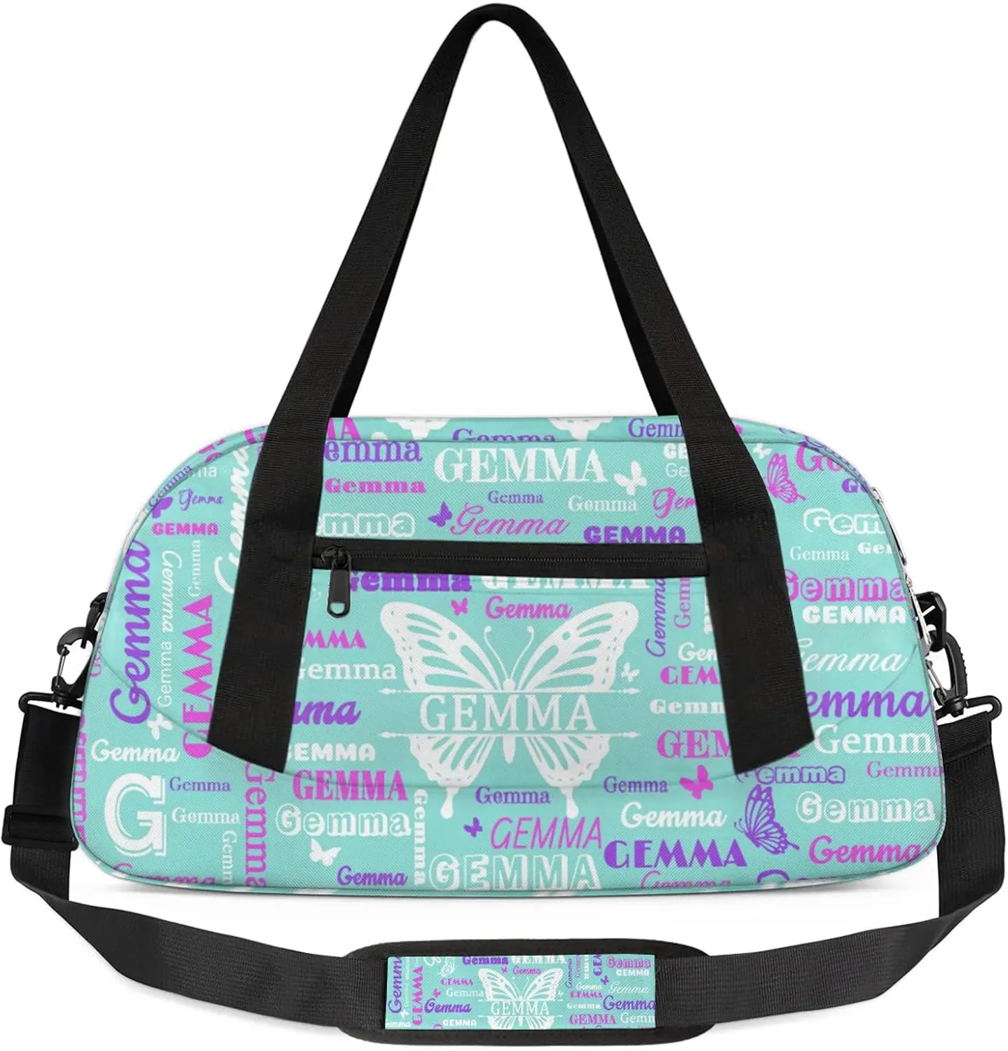 Custom Sport Duffel Bag with Name Butterfly Travel Overnight Bag for Women Men Waterproof Dance Ballet Bag Lightweight 18.5in, Mint Blue