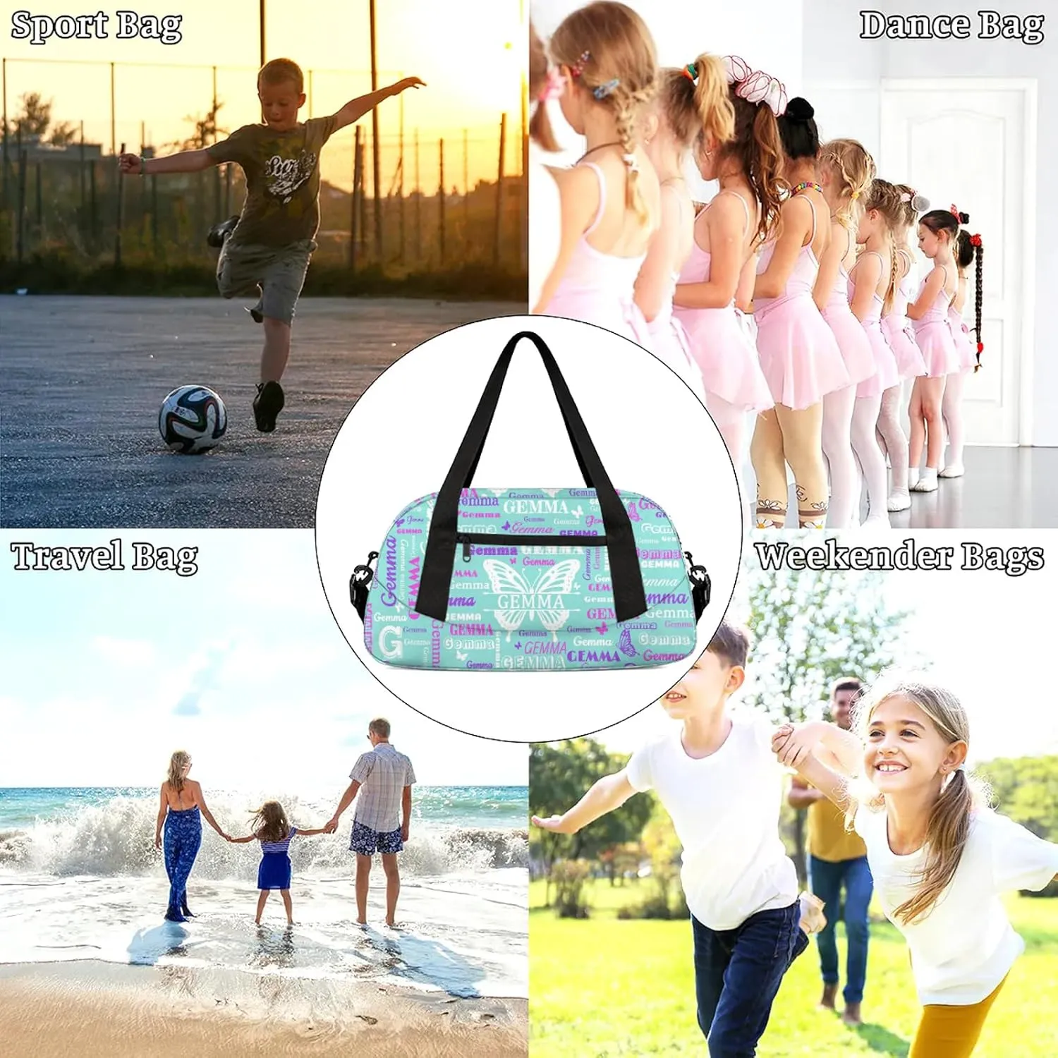 Custom Sport Duffel Bag with Name Butterfly Travel Overnight Bag for Women Men Waterproof Dance Ballet Bag Lightweight 18.5in, Mint Blue