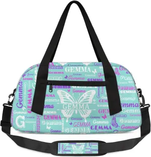 Custom Sport Duffel Bag with Name Butterfly Travel Overnight Bag for Women Men Waterproof Dance Ballet Bag Lightweight 18.5in, Mint Blue
