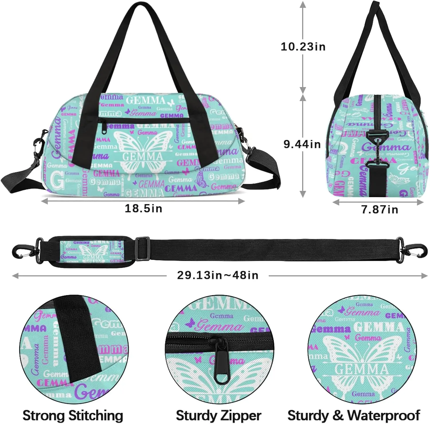 Custom Sport Duffel Bag with Name Butterfly Travel Overnight Bag for Women Men Waterproof Dance Ballet Bag Lightweight 18.5in, Mint Blue