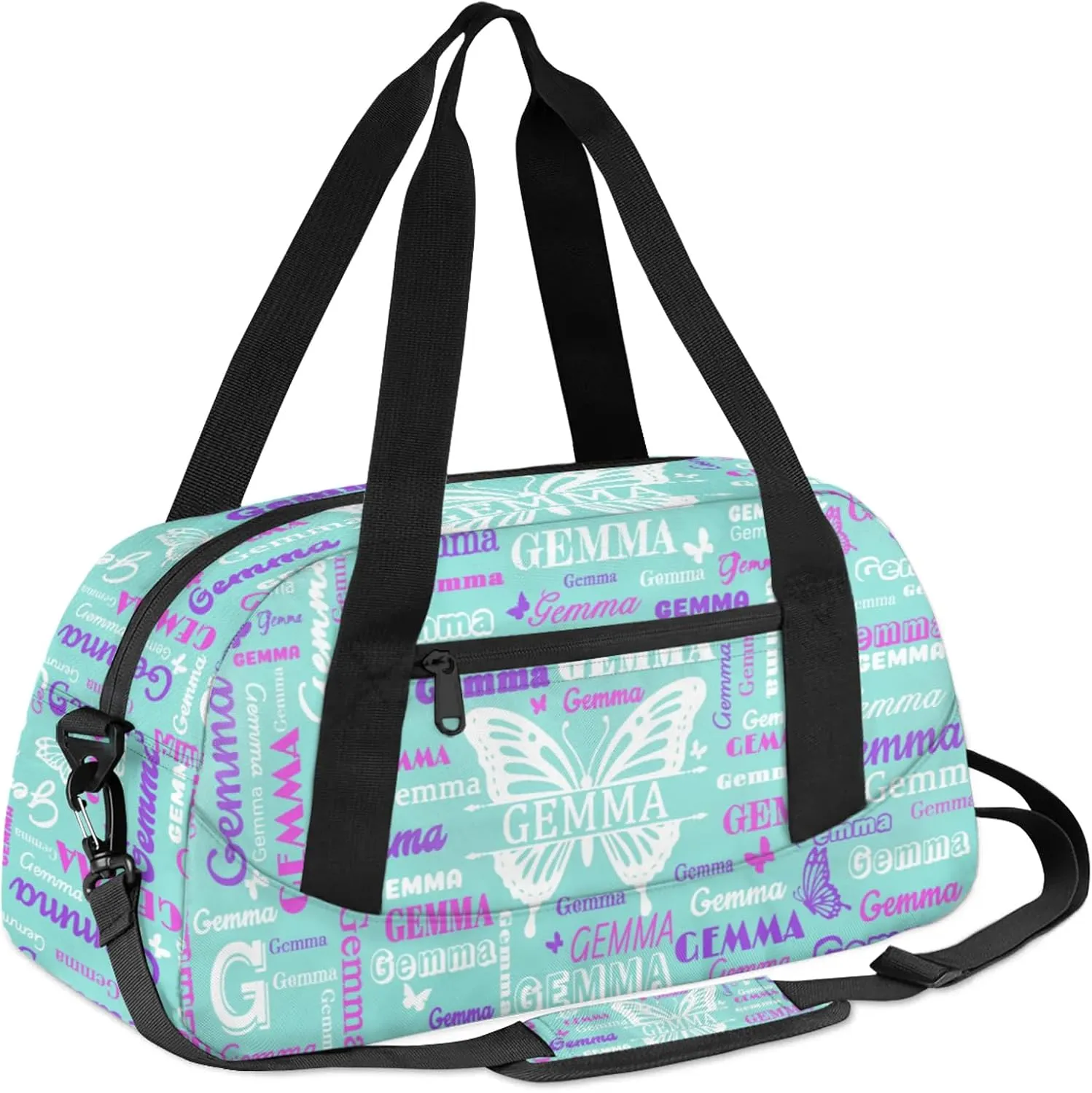 Custom Sport Duffel Bag with Name Butterfly Travel Overnight Bag for Women Men Waterproof Dance Ballet Bag Lightweight 18.5in, Mint Blue