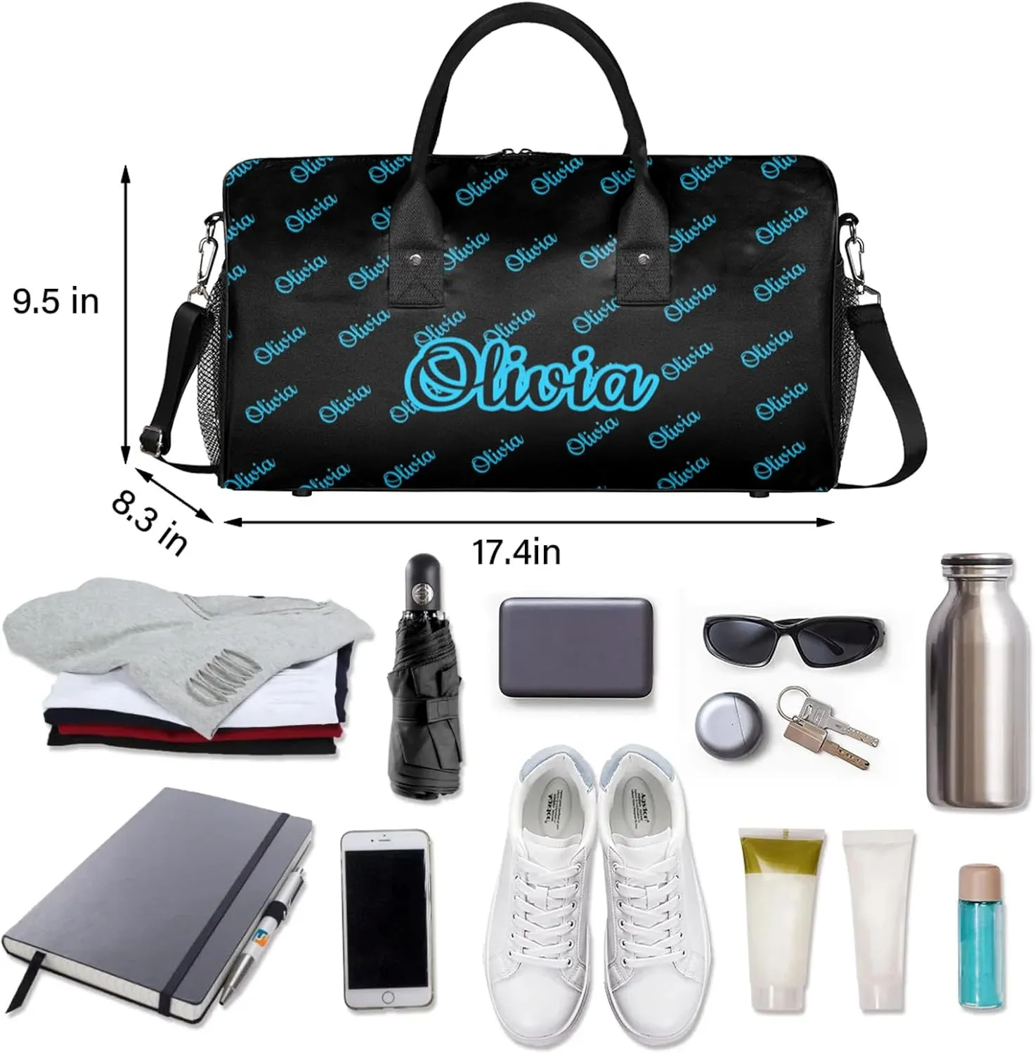 Custom Sport Duffel Bags Personalized Travel Overnight Bag Waterproof Customized Dance Bag Lightweight Carry-On Tote for Women Men 17.4in, Black Blue