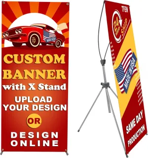 Custom X Banner 23" x 74" - Made in USA - Including Banner Printing and Adjustable Stand - Portable Personalized with Travel Bag for Advertising, Business, Events