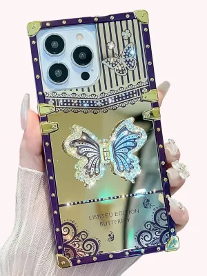 Cute Compatible with iPhone 14 Case, Luxury Bling Butterfly Design with Foldable Stand Kickstand for Women & Girls, Glossy Mirror Shockproof Protective Case 6.1” (Purple)