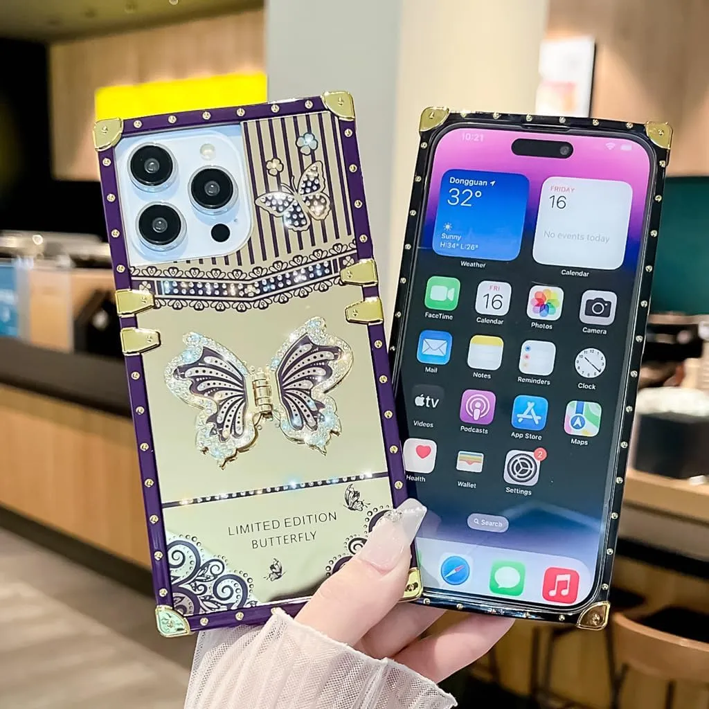 Cute Compatible with iPhone 14 Case, Luxury Bling Butterfly Design with Foldable Stand Kickstand for Women & Girls, Glossy Mirror Shockproof Protective Case 6.1” (Purple)