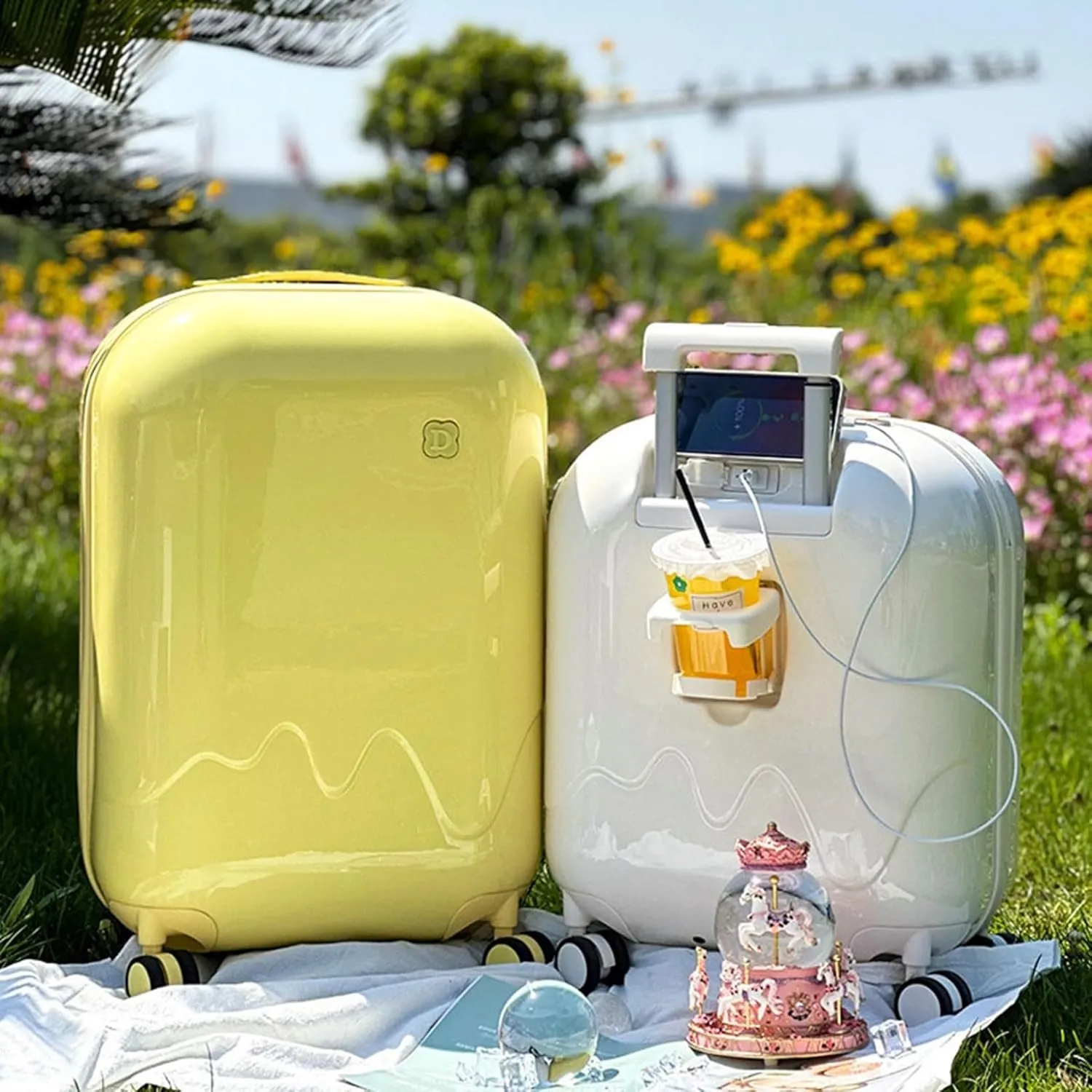 Cute Cup Holder with USB Charging Port - Impact-Resistant, Anti-Theft, Waterproof Carrying Bag - Silent Multi-Stage Trolley with 360-Degree Rotation(Yellow)