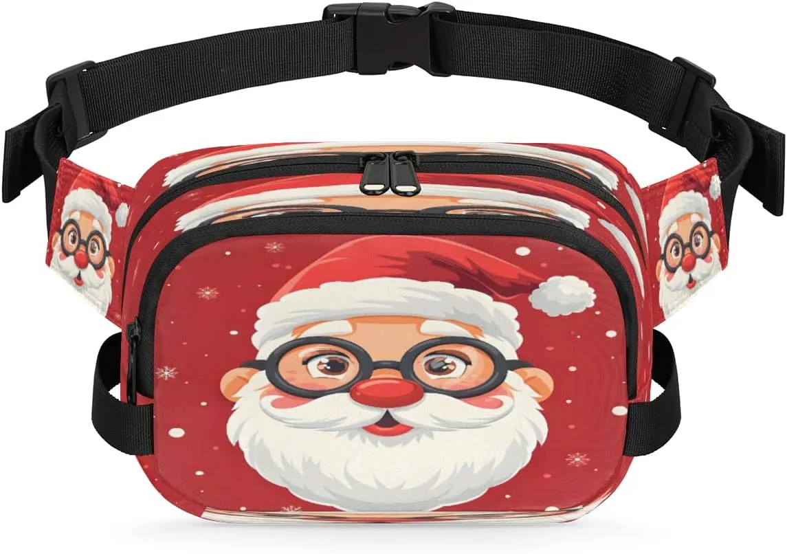Cute Father Christmas Snowflake Waterproof Fanny Pack for Women Men Adjustable Waist Bag with Double Zipper Pockets Lightweight Square Hip Pack for Running Travel Hiking Workout Cycling
