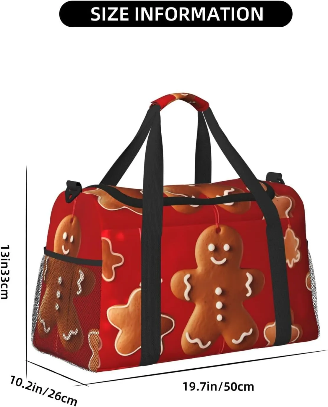 Cute Gingerbread Man Big Capacity Sports Gym Bag Portable Travel Duffle Bag, Christmas Cookies Lightweight Weekender Workout Bag for Overnight, Unisex