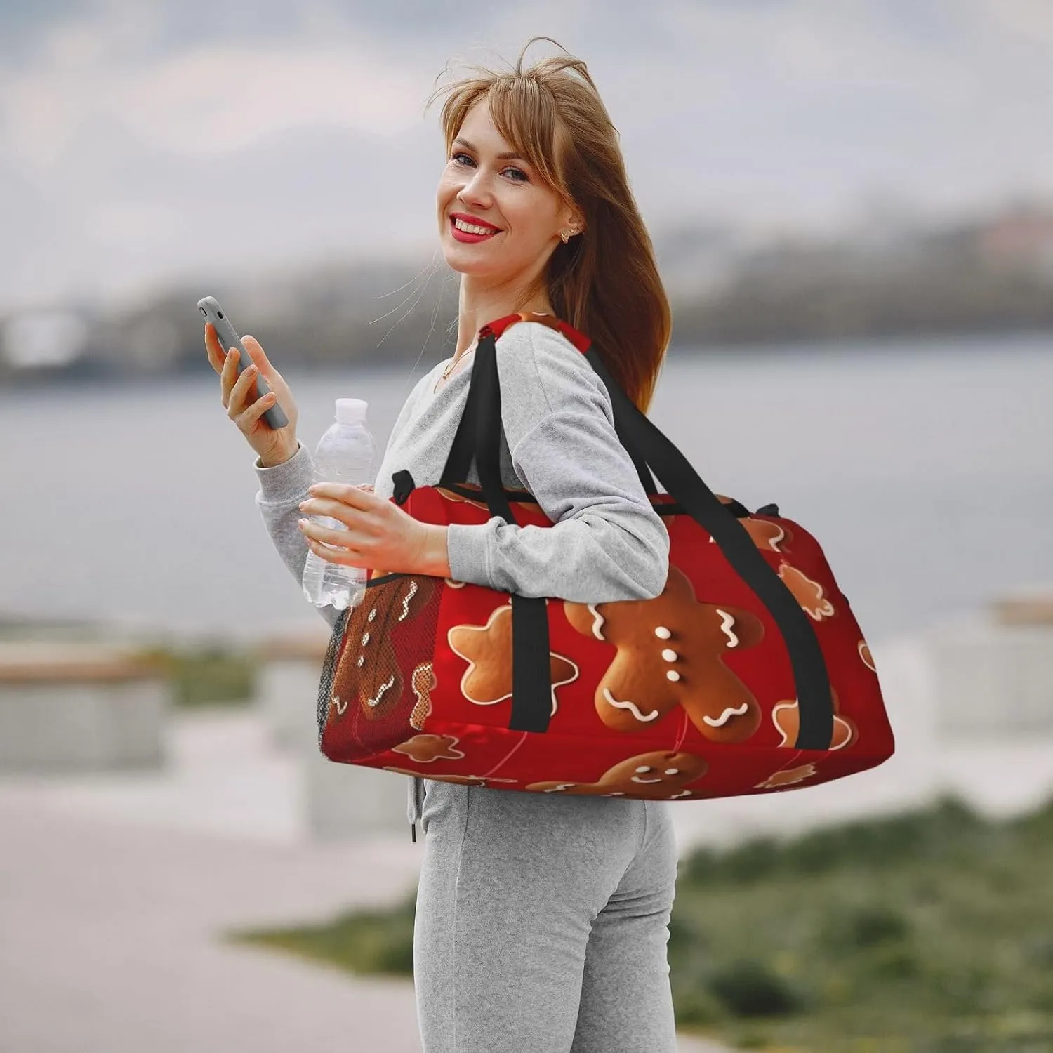 Cute Gingerbread Man Big Capacity Sports Gym Bag Portable Travel Duffle Bag, Christmas Cookies Lightweight Weekender Workout Bag for Overnight, Unisex