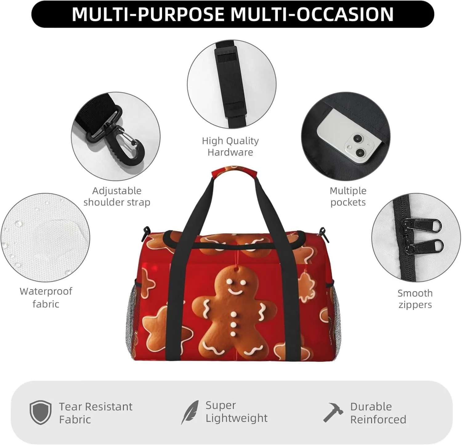 Cute Gingerbread Man Big Capacity Sports Gym Bag Portable Travel Duffle Bag, Christmas Cookies Lightweight Weekender Workout Bag for Overnight, Unisex