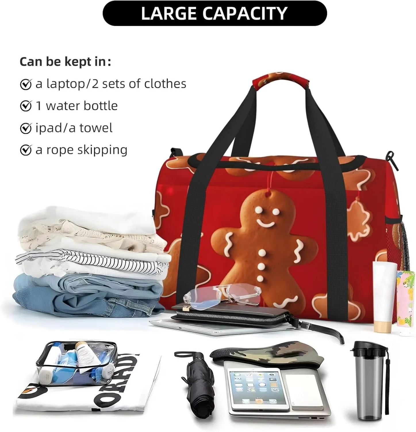 Cute Gingerbread Man Big Capacity Sports Gym Bag Portable Travel Duffle Bag, Christmas Cookies Lightweight Weekender Workout Bag for Overnight, Unisex