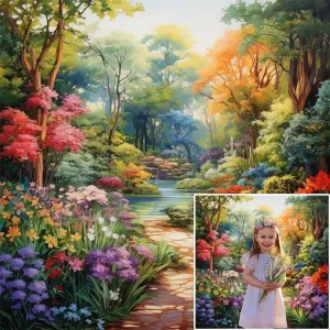 DASHAN 10x10ft Garden Scenery Photo Backdrop Painting Lanscape Photography Backdrop Colorful Jungle Forest Background Nature Flowers and Trees Backdrop Photo Prop Nature Tapestry for Wall Decor