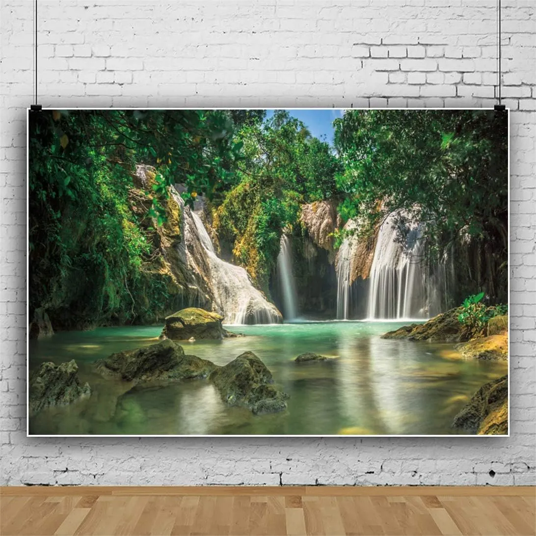 DASHAN 12x8ft Polyester Waterfall Spring Jungle Forest Lake Backdrop Woodland Nature Mountains and Rivers Outdoor YouTube Photography Background Green Forest Wedding Birthday Boys Girls Photo Props