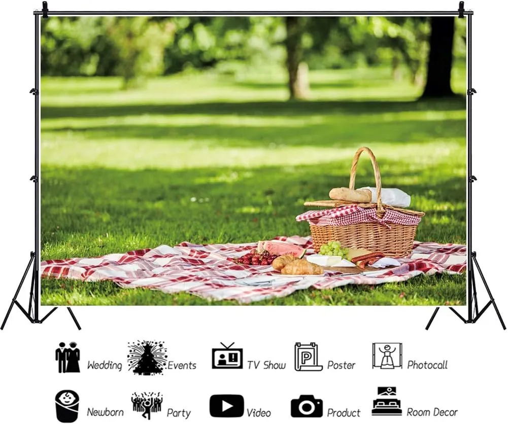 DASHAN 6.5x5ft Polyester Spring Park Picnic Theme Party Backdrop Green Grassland Picnic Blanket Photography Background Newborn Baby Outside Picnic Preschool Event Shoots Outdoor Party Photo Props