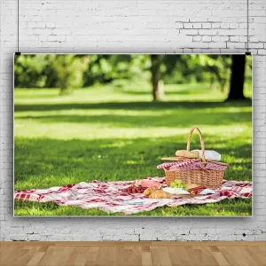 DASHAN 6.5x5ft Polyester Spring Park Picnic Theme Party Backdrop Green Grassland Picnic Blanket Photography Background Newborn Baby Outside Picnic Preschool Event Shoots Outdoor Party Photo Props