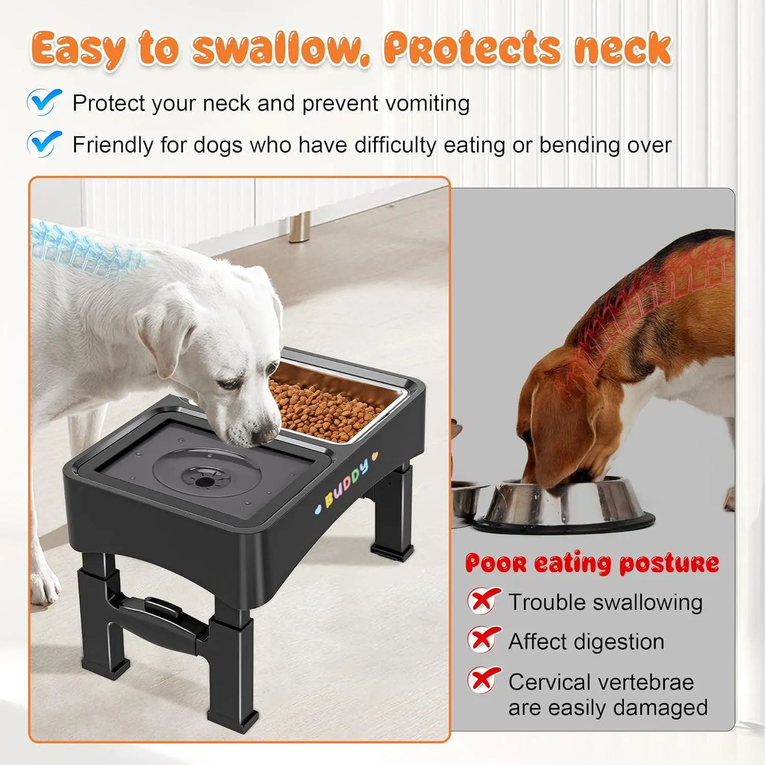 Decflow 3-in-1 Elevated Dog Bowls, 4 Height Adjustable Raised with Stainless Steel, Slow Feeder, No Spill Water Bowl, DIY Stickers Foldable Pet Bowl for Medium Large Dogs