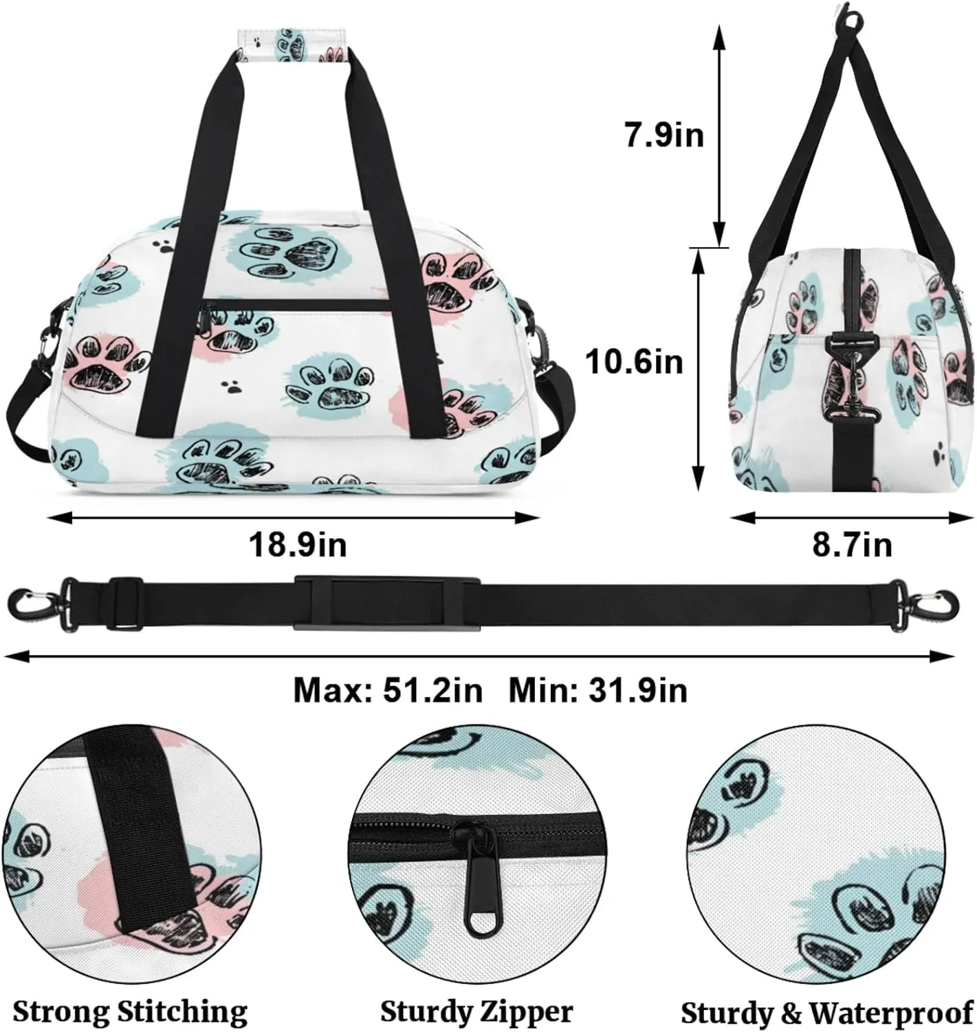 Dog Animal Paws Gym Bag for Women Men, Sports Travel Duffel Bag Lightweight Workout Bag Carry On Overnight Weekender Bag