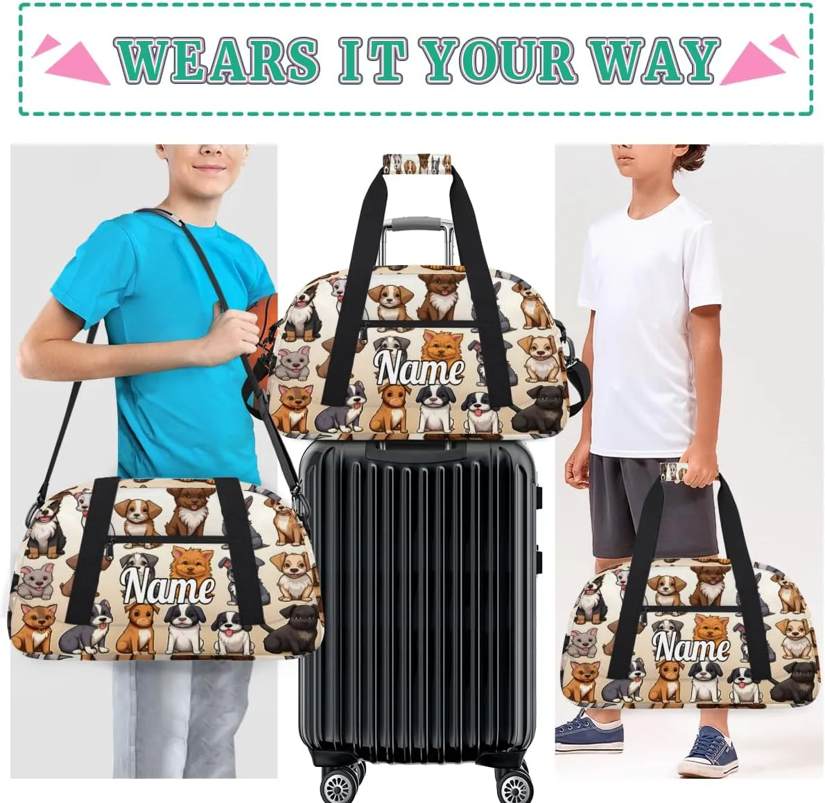 Dog Personalized Kids Gym Bag Custom Name Sport Duffel Bag Dance Ballet Bag for Girls Practice Workout Bag