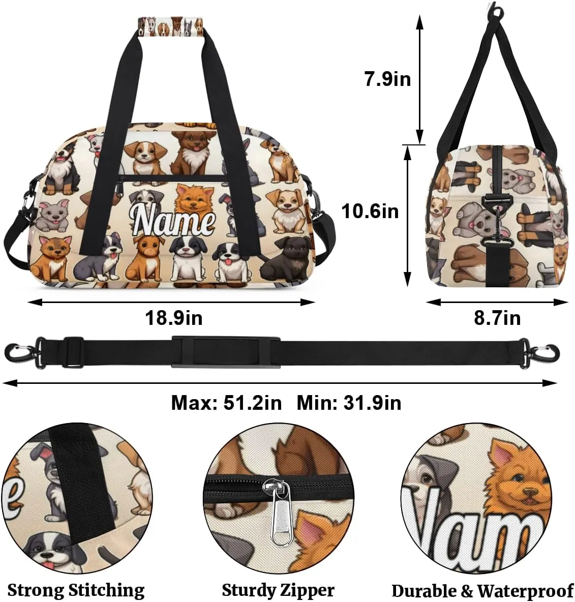Dog Personalized Kids Gym Bag Custom Name Sport Duffel Bag Dance Ballet Bag for Girls Practice Workout Bag