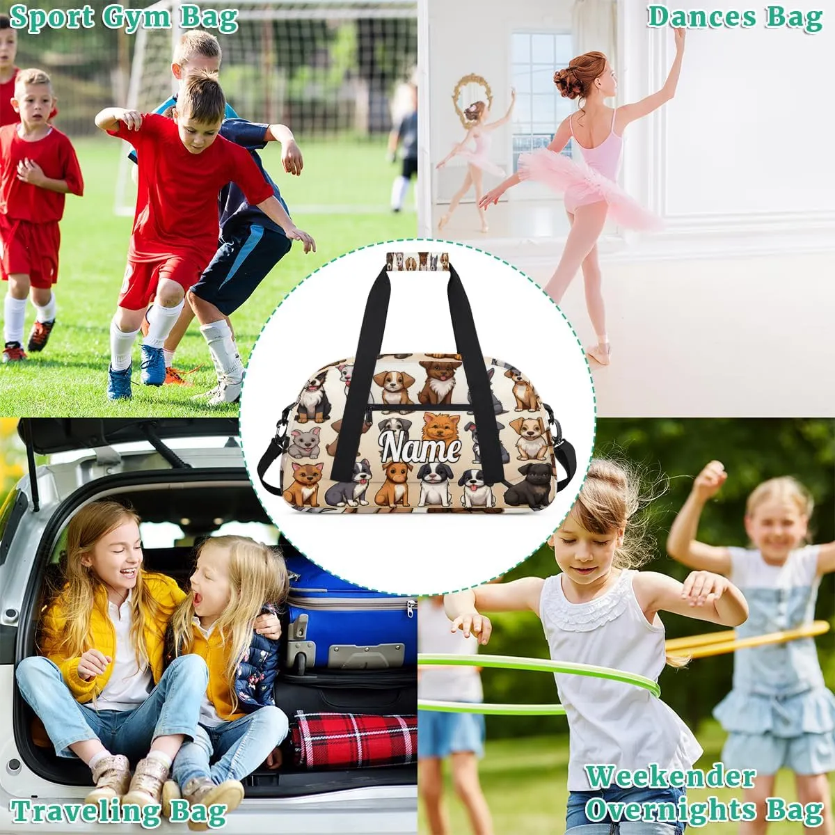 Dog Personalized Kids Gym Bag Custom Name Sport Duffel Bag Dance Ballet Bag for Girls Practice Workout Bag
