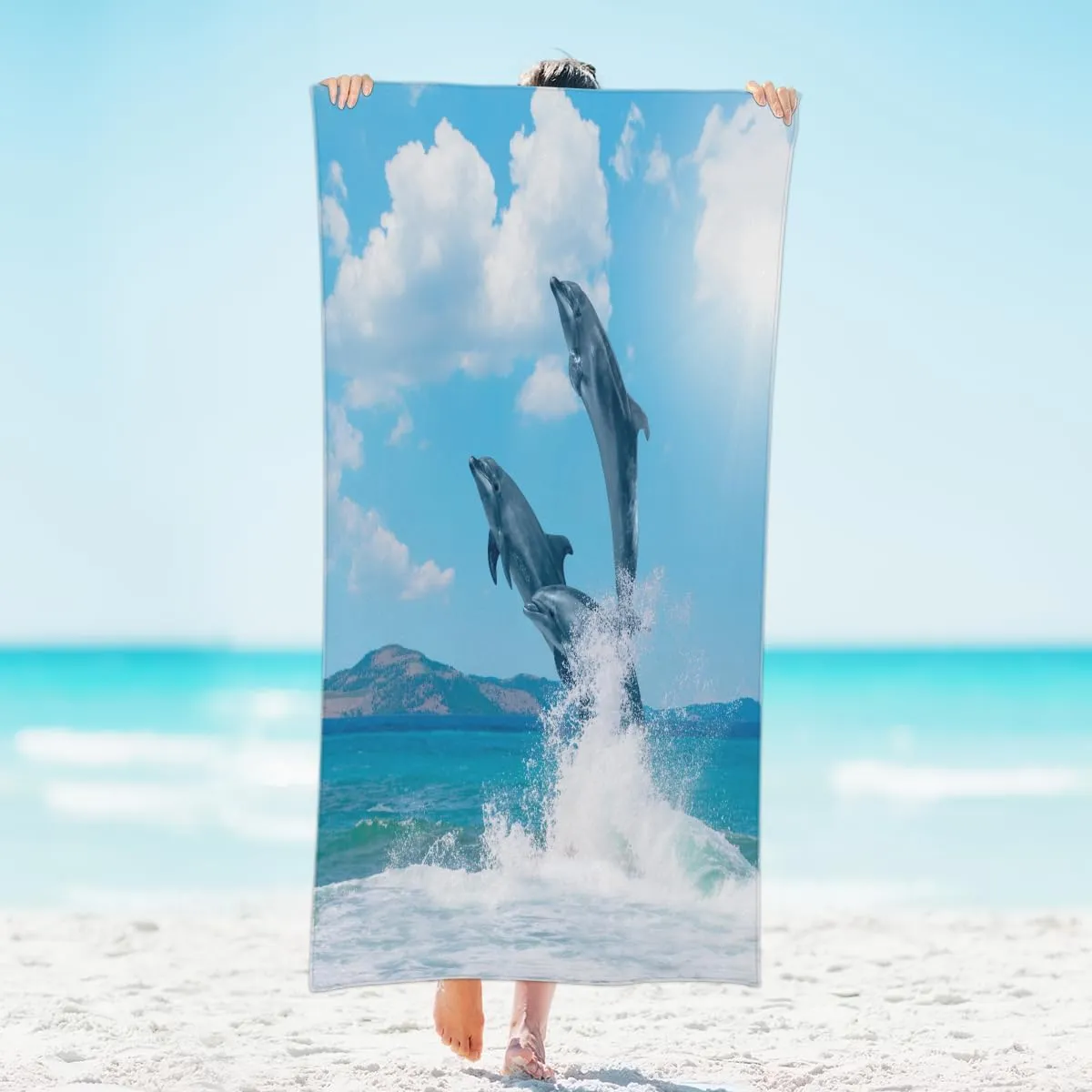 Dolphin Jumping On Water Beach Towel, 31"x61" Sand Free Microfiber Beach Blanket, Quick Dry Absorbent Bath Towels for Swimming Pool, Camping, Picnic, Yoga Gym Sports