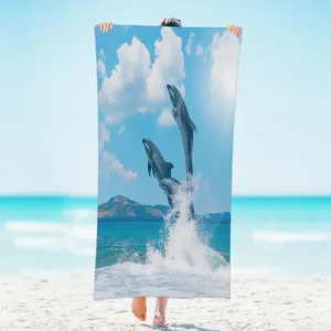 Dolphin Jumping On Water Beach Towel, 31"x61" Sand Free Microfiber Beach Blanket, Quick Dry Absorbent Bath Towels for Swimming Pool, Camping, Picnic, Yoga Gym Sports