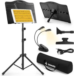 Donner Sheet Music Stand with Light, DMS-1 Portable Metal Music Stand, Tabletop Music Book Stand for Guitar, Ukulele, Violin Players