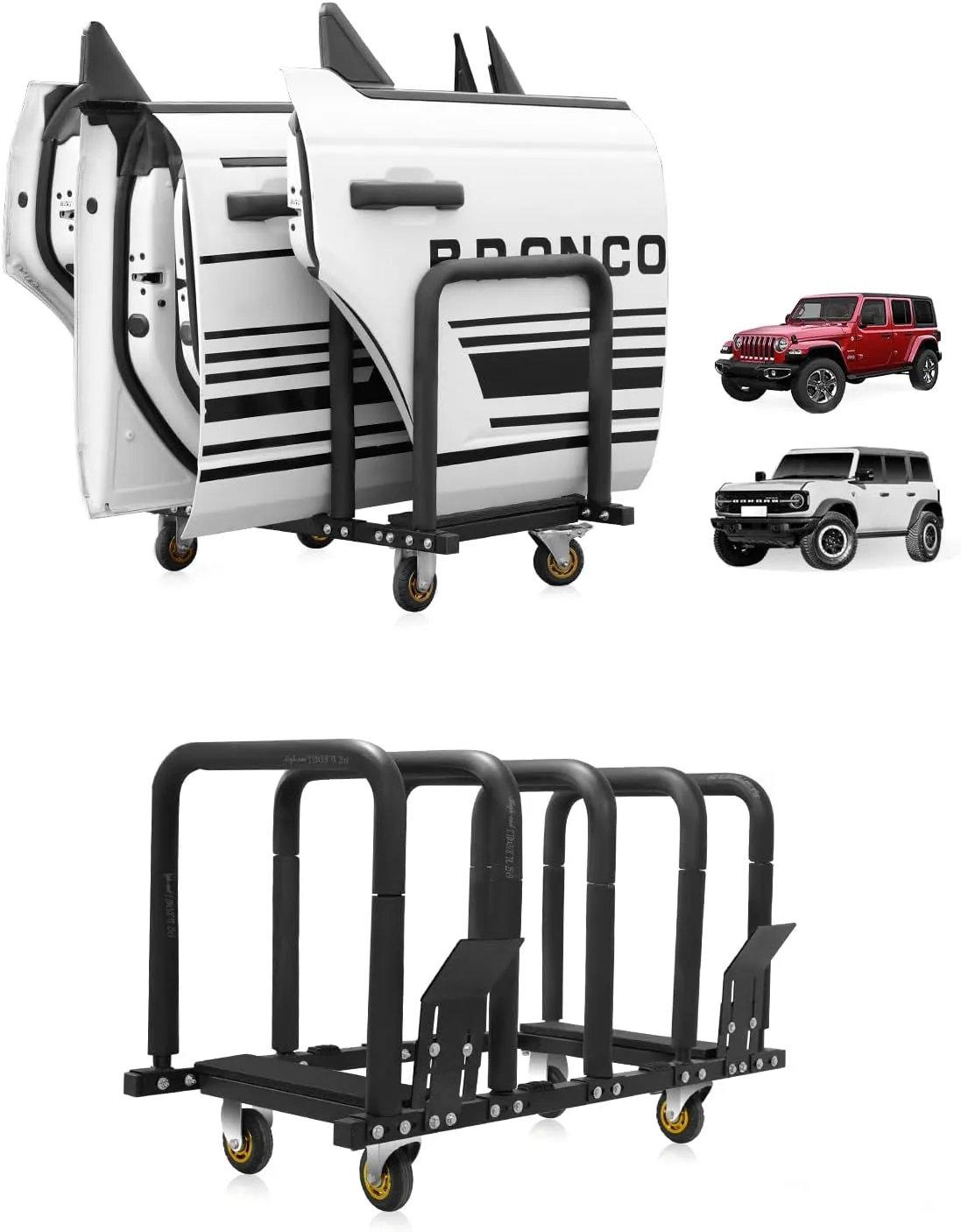 Door Hanger Storage Rack Bracket Holder Compatible with 2007-2024 Jeep Wrangler JK JL Gladiator JT and Compatible with 2021-2024 Ford Bronco Movable Stand Rack Sliding for 2/4 Door (Black)