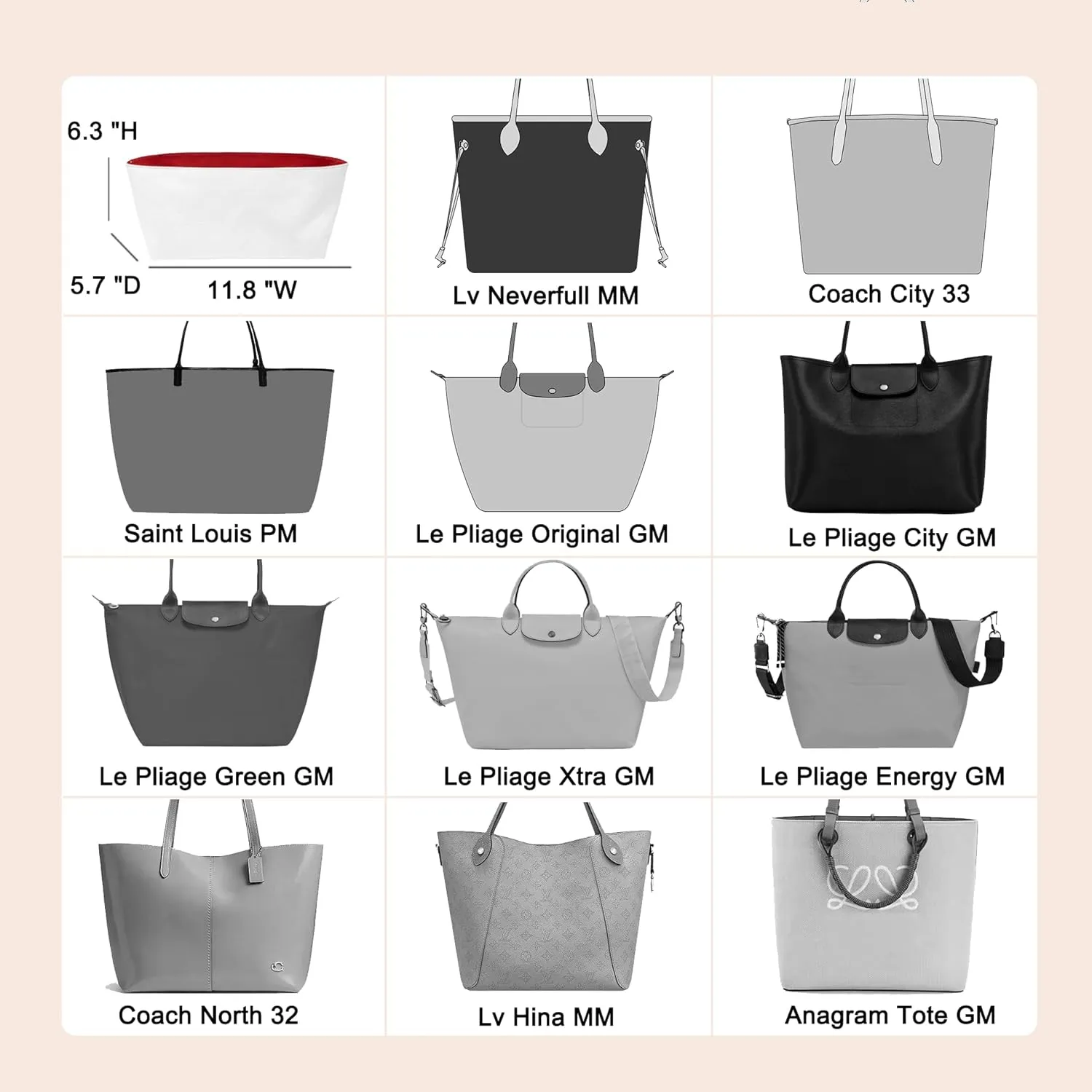 Doxo Purse Organizer Insert,Tote Bag Insert for LV Neverfull MM,Longchamp Le-pliage GM and More,Ultra Lightweight Bag Organizer Insert with Zipper(Large,White-red)