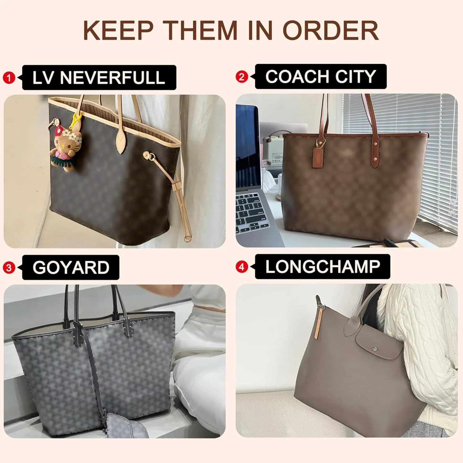 Doxo Purse Organizer Insert,Tote Bag Insert for LV Neverfull MM,Longchamp Le-pliage GM and More,Ultra Lightweight Bag Organizer Insert with Zipper(Large,White-red)