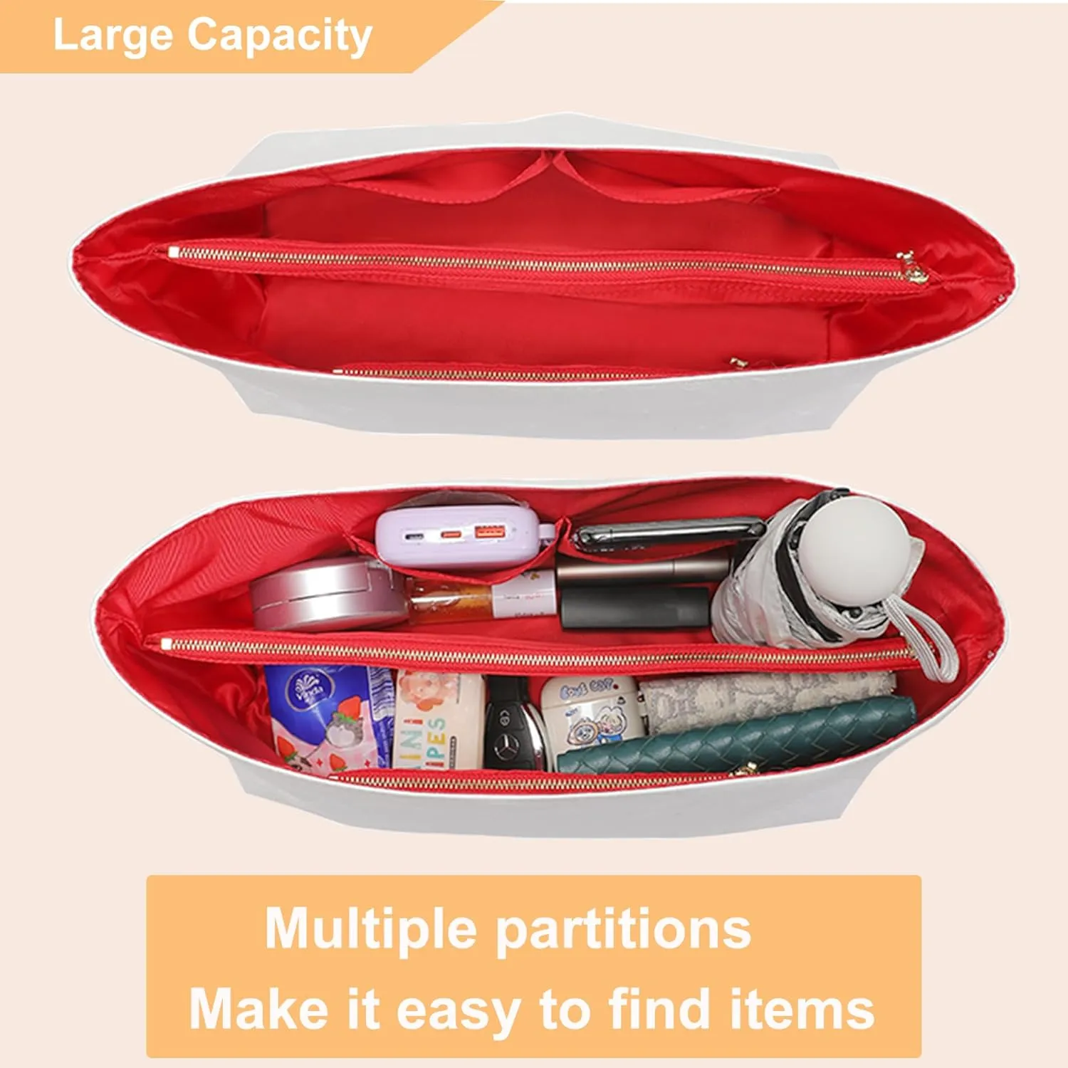 Doxo Purse Organizer Insert,Tote Bag Insert for LV Neverfull MM,Longchamp Le-pliage GM and More,Ultra Lightweight Bag Organizer Insert with Zipper(Large,White-red)