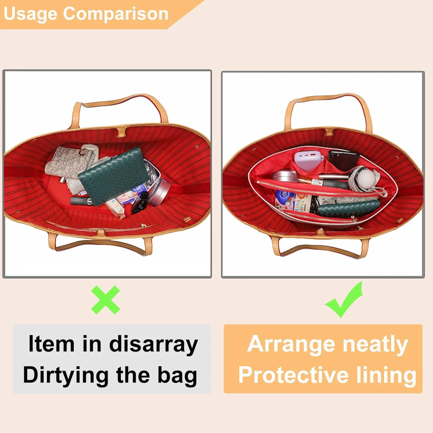 Doxo Purse Organizer Insert,Tote Bag Insert for LV Neverfull MM,Longchamp Le-pliage GM and More,Ultra Lightweight Bag Organizer Insert with Zipper(Large,White-red)