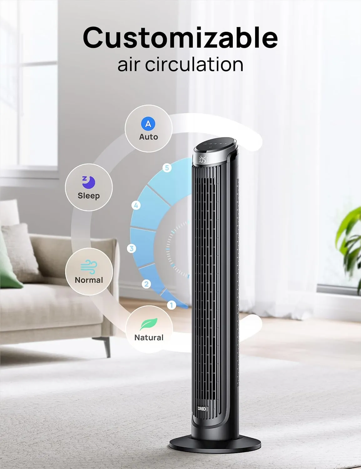Dreo Tower Fan for Bedroom, 5 Speeds, 4 Modes with 26ft/s Standing Fan, 90° Oscillating Fans for Indoors, 12H & 28dB Quiet Timer, Remote Control, Touch, 40" Bladeless Floor Fan for Home Office, Black