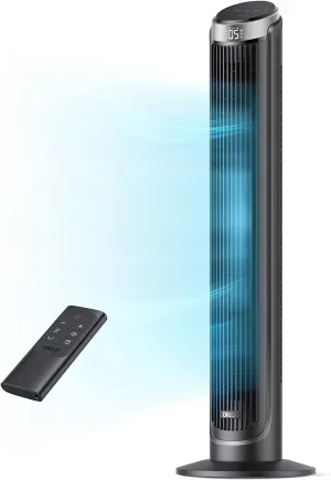 Dreo Tower Fan for Bedroom, 5 Speeds, 4 Modes with 26ft/s Standing Fan, 90° Oscillating Fans for Indoors, 12H & 28dB Quiet Timer, Remote Control, Touch, 40" Bladeless Floor Fan for Home Office, Black