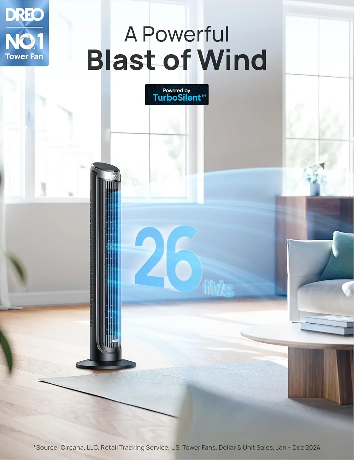Dreo Tower Fan for Bedroom, 5 Speeds, 4 Modes with 26ft/s Standing Fan, 90° Oscillating Fans for Indoors, 12H & 28dB Quiet Timer, Remote Control, Touch, 40" Bladeless Floor Fan for Home Office, Black